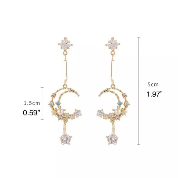 Moon and Star Earring, Celestial Pearl Earrings, Night Sky Drop Dangle - Picture 5 of 8